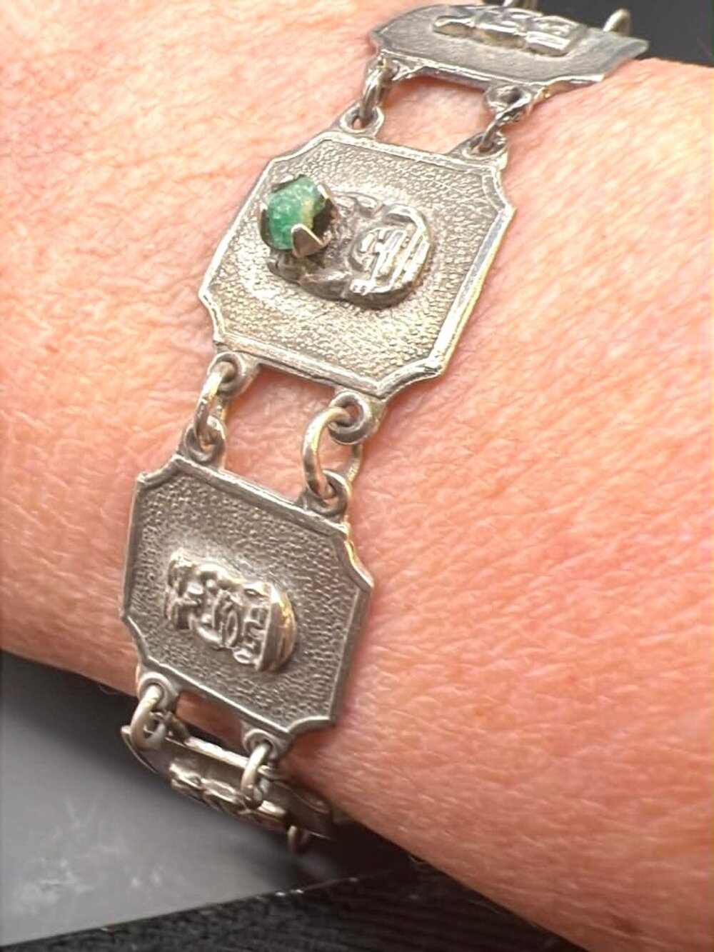 Vintage 900 Silver Colombian Panel Bracelet • Figural Panels • Emerald Inlay • 2